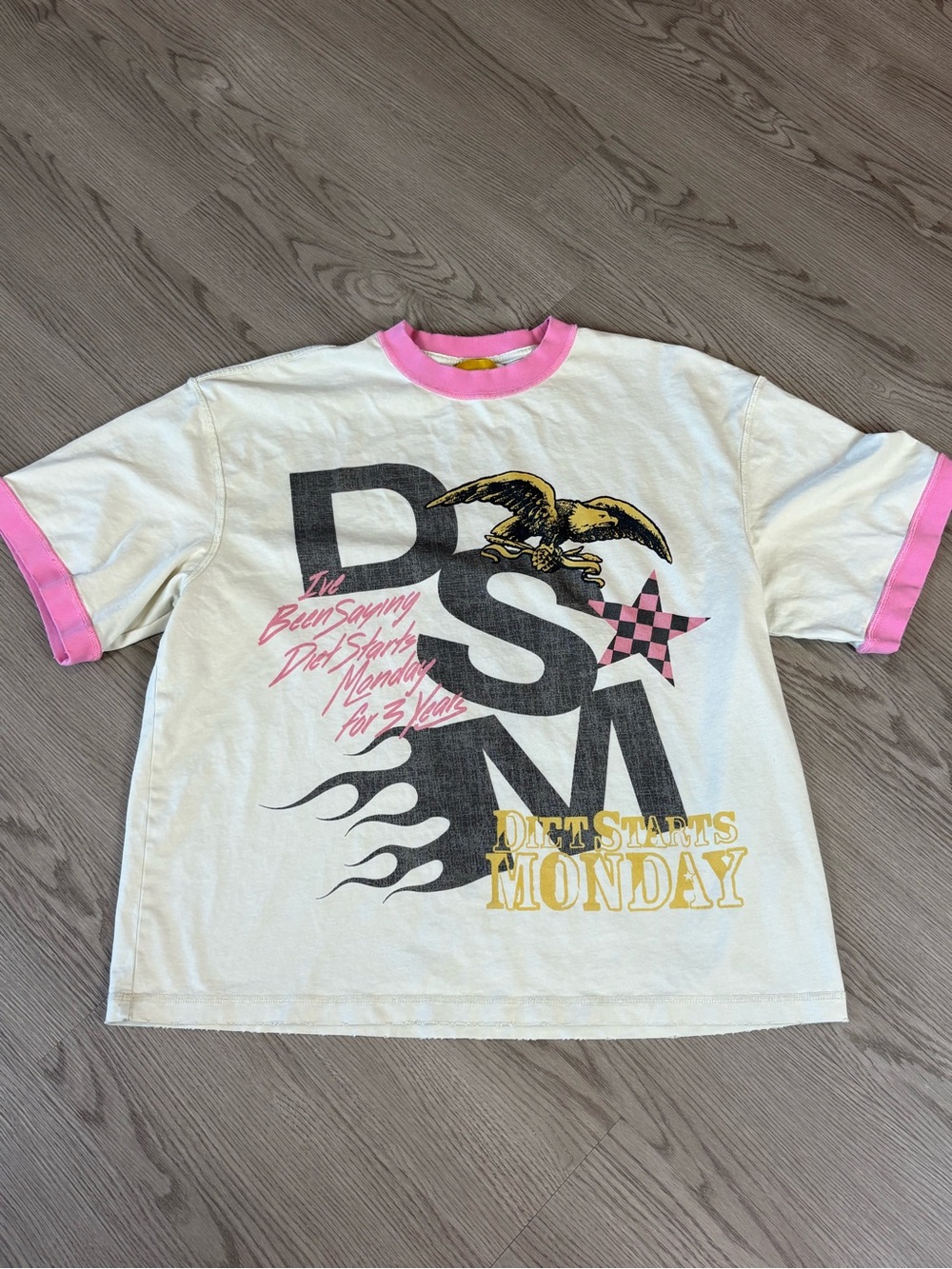 Diet Starts Monday White Graphic Ringer Tee with Pink Trim